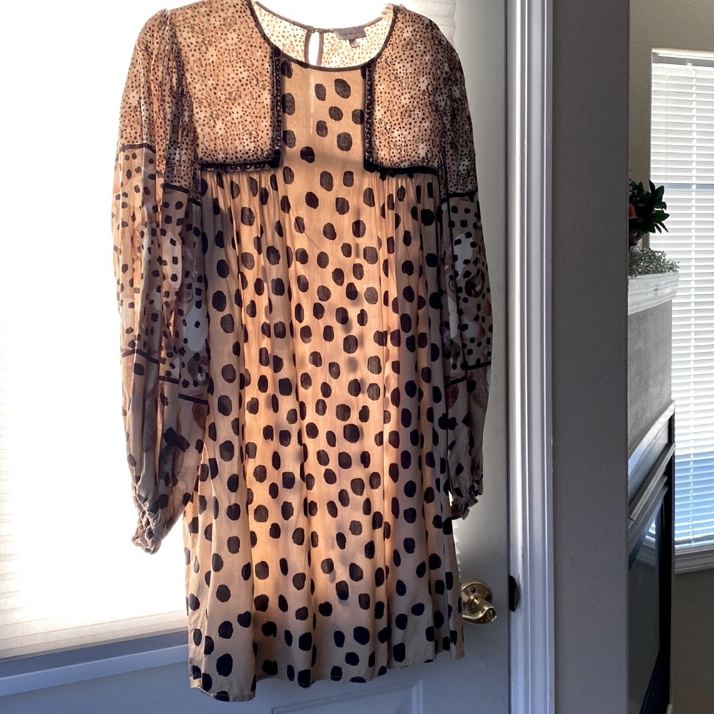 Conditions Apply - Polka Dot Long-Sleeve Mini Dress in Tan and Black